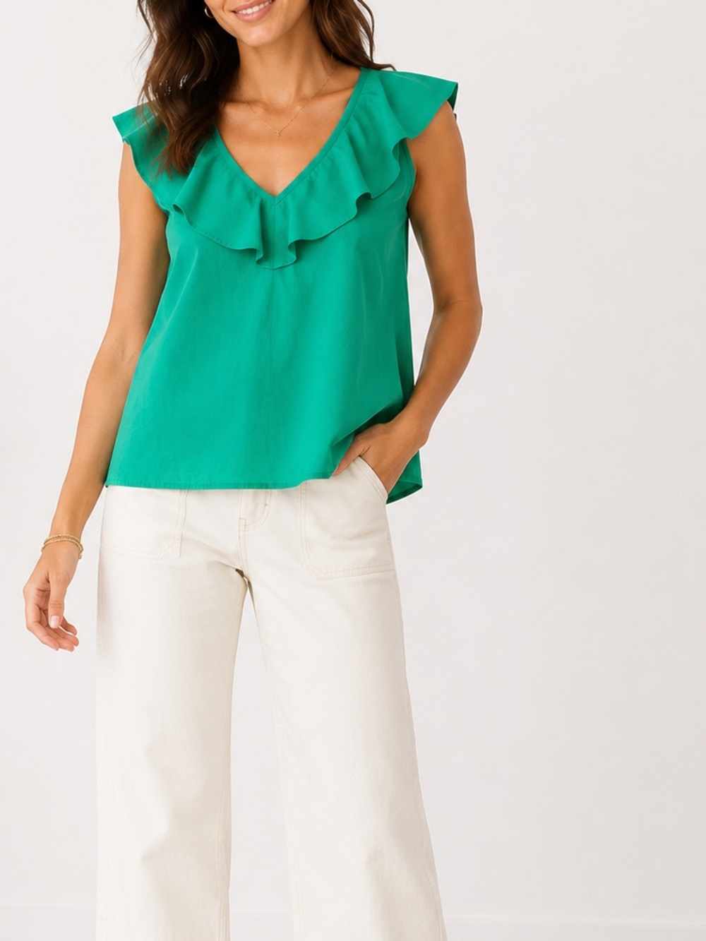 J. Crew Green Sleeveless Cotton Top with V-Neck